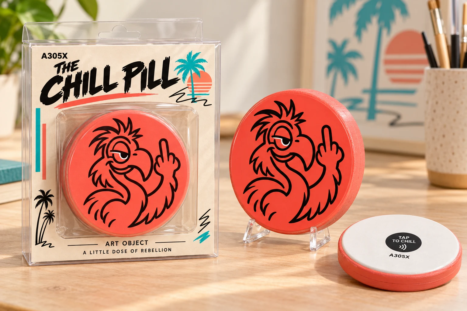Coral A305X Chill Pill with a black punk flamingo raising its middle finger, shown with packaging and a white back